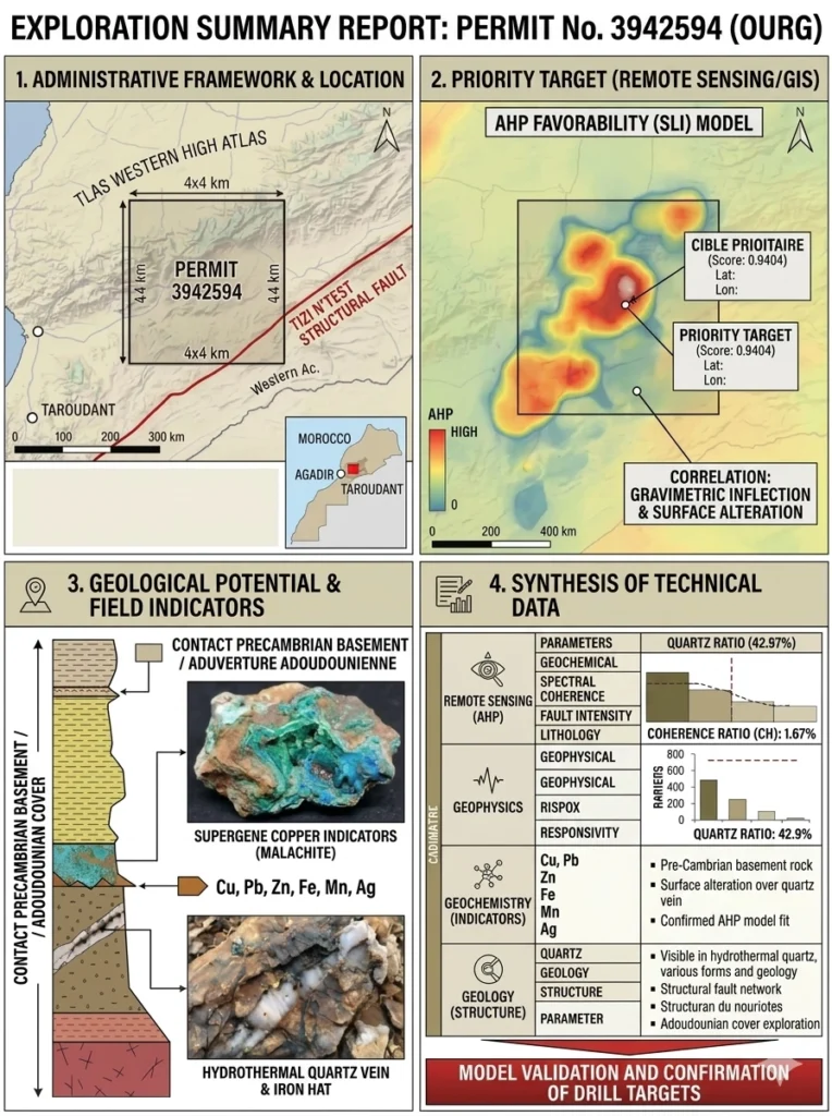 Ourg Copper Project exploration summary showing permit location, AHP target map, geological model, surface mineralization, and technical exploration data