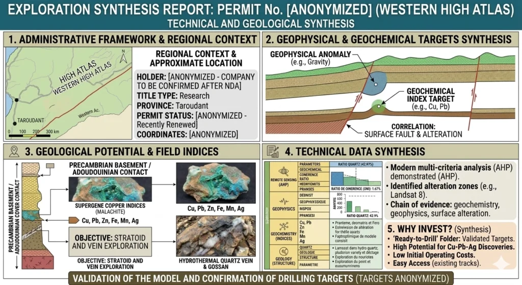Infographie technique du Projet cuivre Ourg présentant la localisation du permis, les cibles géophysiques, les indices géologiques et les résultats d'exploration dans le Haut Atlas occidental.